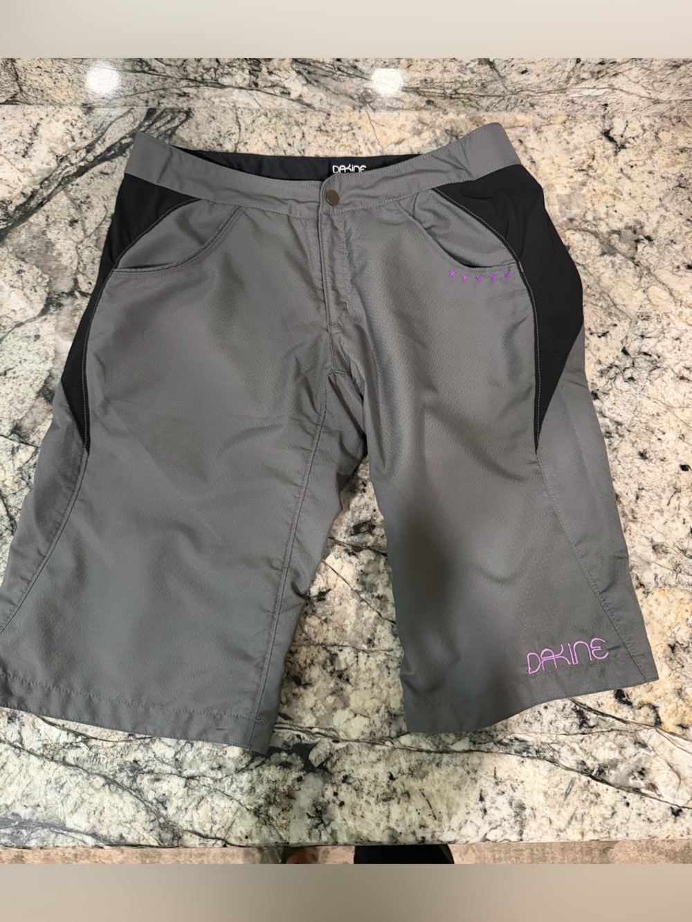 Dakine Gray Women's mountain Bike Shorts with Black Panels and Purple Logo